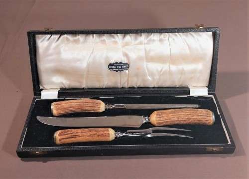 GENUINE STAG ANTLER HANDLE 3 PIECE CARVING SET MADE BY LEWIS ROSE and CO IN SHEFFIELD ENGLAND 1950S