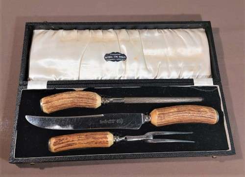 GENUINE STAG ANTLER HANDLE 3 PIECE CARVING SET MADE BY LEWIS ROSE and CO IN SHEFFIELD ENGLAND 1950S