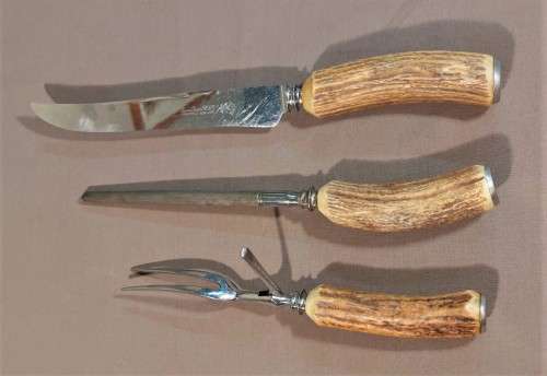 GENUINE STAG ANTLER HANDLE 3 PIECE CARVING SET MADE BY LEWIS ROSE and CO IN SHEFFIELD ENGLAND 1950S