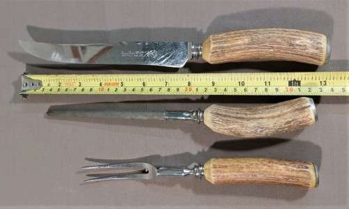 GENUINE STAG ANTLER HANDLE 3 PIECE CARVING SET MADE BY LEWIS ROSE and CO IN SHEFFIELD ENGLAND 1950S