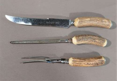 GENUINE STAG ANTLER HANDLE 3 PIECE CARVING SET MADE BY LEWIS ROSE and CO IN SHEFFIELD ENGLAND 1950S