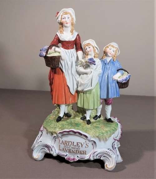 ANTIQUE DRESDEN (CARL THIEME 1920S MARK) GERMANY PORCELAIN FIGURINE YARDLEYS ADVERTISING 31CM HIGH