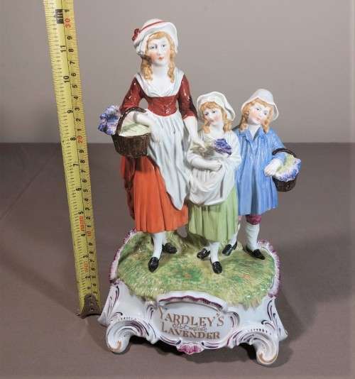 ANTIQUE DRESDEN (CARL THIEME 1920S MARK) GERMANY PORCELAIN FIGURINE YARDLEYS ADVERTISING 31CM HIGH