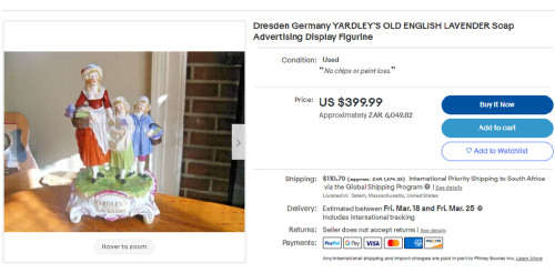 ANTIQUE DRESDEN (CARL THIEME 1920S MARK) GERMANY PORCELAIN FIGURINE YARDLEYS ADVERTISING 31CM HIGH