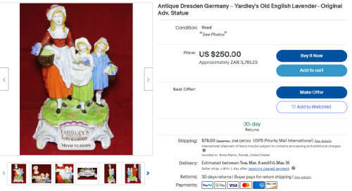 ANTIQUE DRESDEN (CARL THIEME 1920S MARK) GERMANY PORCELAIN FIGURINE YARDLEYS ADVERTISING 31CM HIGH