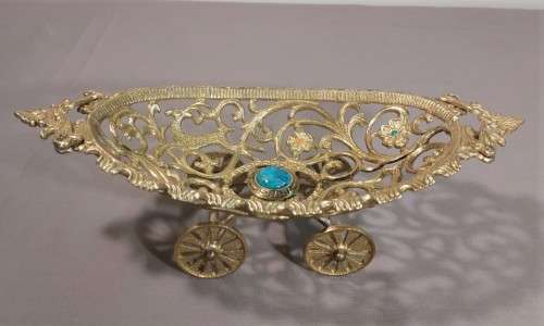 TAMAR ISRAEL 1970S BRASS OPEN SCROLL METALWORK BOWL ON WHEELS WITH CENTRAL EILAT STONE (KING SOLOMON