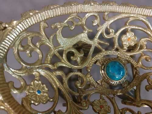 TAMAR ISRAEL 1970S BRASS OPEN SCROLL METALWORK BOWL ON WHEELS WITH CENTRAL EILAT STONE (KING SOLOMON