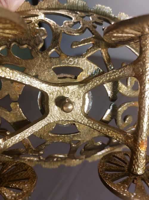 TAMAR ISRAEL 1970S BRASS OPEN SCROLL METALWORK BOWL ON WHEELS WITH CENTRAL EILAT STONE (KING SOLOMON