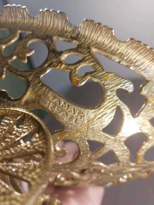 TAMAR ISRAEL 1970S BRASS OPEN SCROLL METALWORK BOWL ON WHEELS WITH CENTRAL EILAT STONE (KING SOLOMON