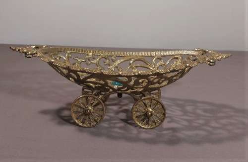 TAMAR ISRAEL 1970S BRASS OPEN SCROLL METALWORK BOWL ON WHEELS WITH CENTRAL EILAT STONE (KING SOLOMON