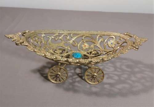 TAMAR ISRAEL 1970S BRASS OPEN SCROLL METALWORK BOWL ON WHEELS WITH CENTRAL EILAT STONE (KING SOLOMON