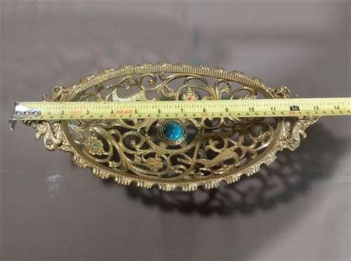 TAMAR ISRAEL 1970S BRASS OPEN SCROLL METALWORK BOWL ON WHEELS WITH CENTRAL EILAT STONE (KING SOLOMON