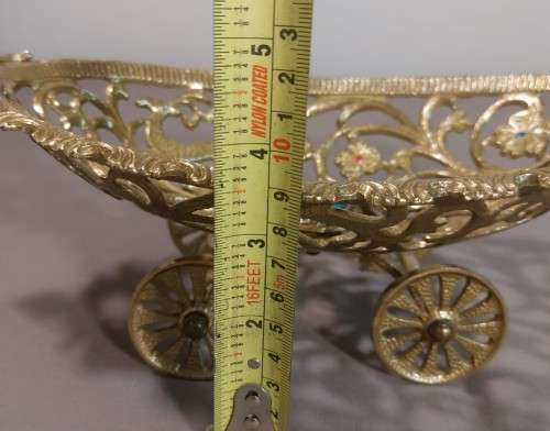 TAMAR ISRAEL 1970S BRASS OPEN SCROLL METALWORK BOWL ON WHEELS WITH CENTRAL EILAT STONE (KING SOLOMON