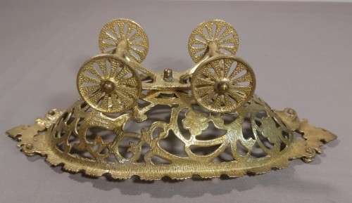 TAMAR ISRAEL 1970S BRASS OPEN SCROLL METALWORK BOWL ON WHEELS WITH CENTRAL EILAT STONE (KING SOLOMON