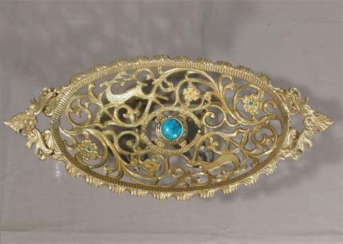 TAMAR ISRAEL 1970S BRASS OPEN SCROLL METALWORK BOWL ON WHEELS WITH CENTRAL EILAT STONE (KING SOLOMON