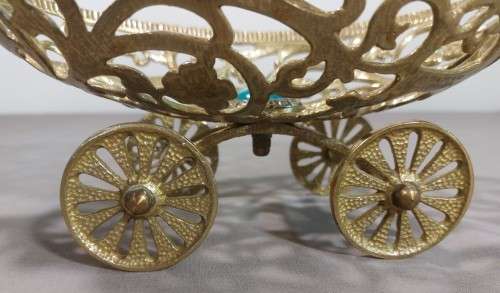 TAMAR ISRAEL 1970S BRASS OPEN SCROLL METALWORK BOWL ON WHEELS WITH CENTRAL EILAT STONE (KING SOLOMON