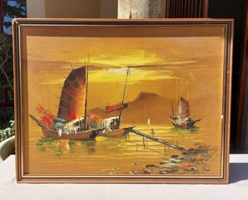 COLOURFUL 1960S OIL ON CANVAS BY FAMOUS HONG KONG ARTIST PW CHENG ORIGINAL SIGNED CHINESE JUNK BOATS