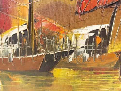 COLOURFUL 1960S OIL ON CANVAS BY FAMOUS HONG KONG ARTIST PW CHENG ORIGINAL SIGNED CHINESE JUNK BOATS