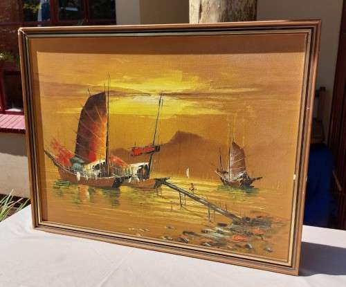 COLOURFUL 1960S OIL ON CANVAS BY FAMOUS HONG KONG ARTIST PW CHENG ORIGINAL SIGNED CHINESE JUNK BOATS