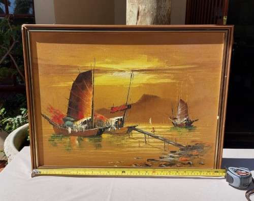 COLOURFUL 1960S OIL ON CANVAS BY FAMOUS HONG KONG ARTIST PW CHENG ORIGINAL SIGNED CHINESE JUNK BOATS