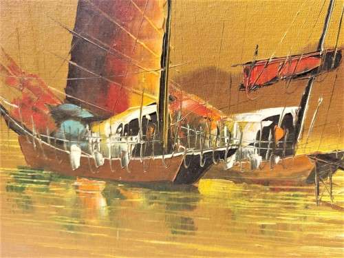 COLOURFUL 1960S OIL ON CANVAS BY FAMOUS HONG KONG ARTIST PW CHENG ORIGINAL SIGNED CHINESE JUNK BOATS