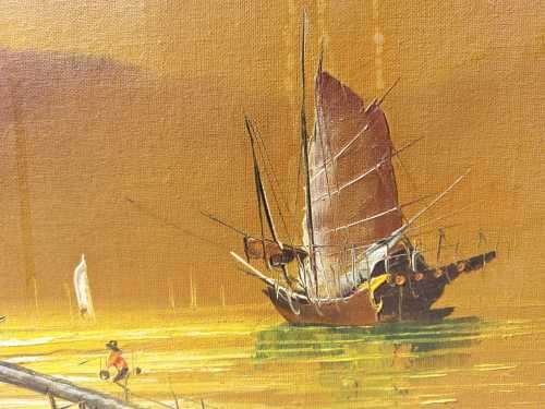 COLOURFUL 1960S OIL ON CANVAS BY FAMOUS HONG KONG ARTIST PW CHENG ORIGINAL SIGNED CHINESE JUNK BOATS