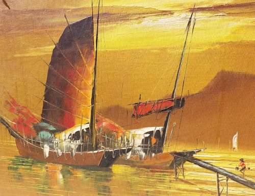 COLOURFUL 1960S OIL ON CANVAS BY FAMOUS HONG KONG ARTIST PW CHENG ORIGINAL SIGNED CHINESE JUNK BOATS
