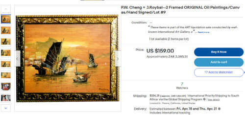 COLOURFUL 1960S OIL ON CANVAS BY FAMOUS HONG KONG ARTIST PW CHENG ORIGINAL SIGNED CHINESE JUNK BOATS