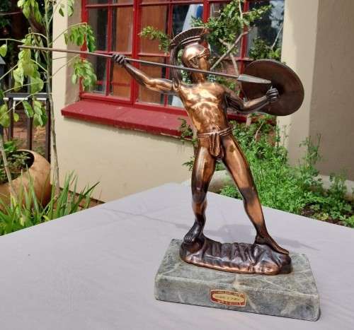 BRONZE VINTAGE LEONIDAS OF SPARTA HELLAS GREEK STATUE WITH REMOVABLE SPEAR AND SHIELD