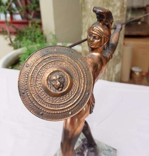 BRONZE VINTAGE LEONIDAS OF SPARTA HELLAS GREEK STATUE WITH REMOVABLE SPEAR AND SHIELD