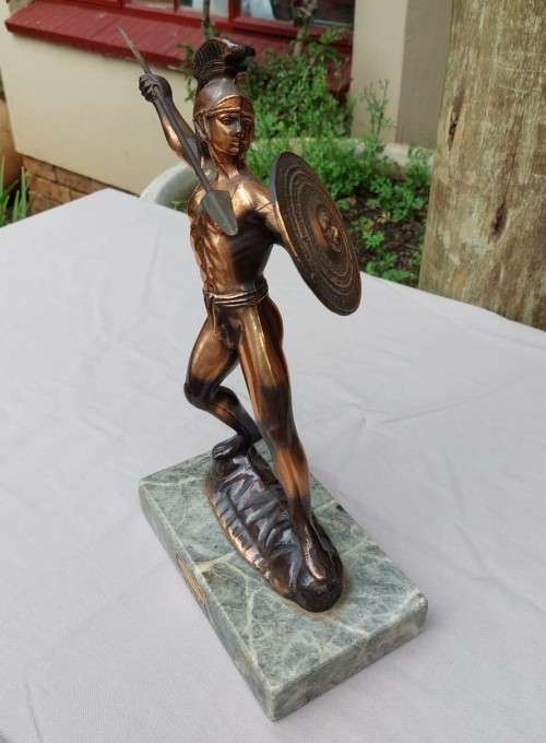 BRONZE VINTAGE LEONIDAS OF SPARTA HELLAS GREEK STATUE WITH REMOVABLE SPEAR AND SHIELD