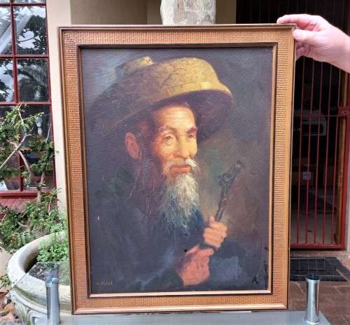 ORIGINAL SIGNED CHAN 1960S OIL PAINTING OF OLD CHINESE MAN WITH HIS OPIUM PIPE