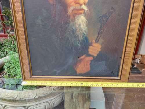 ORIGINAL SIGNED CHAN 1960S OIL PAINTING OF OLD CHINESE MAN WITH HIS OPIUM PIPE