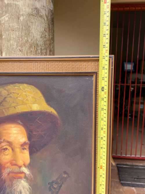 ORIGINAL SIGNED CHAN 1960S OIL PAINTING OF OLD CHINESE MAN WITH HIS OPIUM PIPE