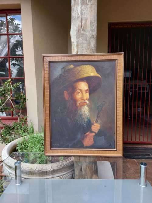 ORIGINAL SIGNED CHAN 1960S OIL PAINTING OF OLD CHINESE MAN WITH HIS OPIUM PIPE