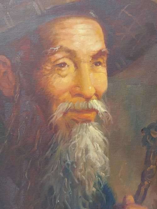 ORIGINAL SIGNED CHAN 1960S OIL PAINTING OF OLD CHINESE MAN WITH HIS OPIUM PIPE