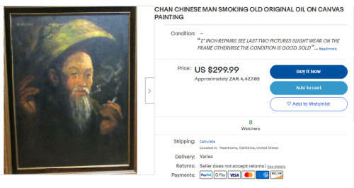 ORIGINAL SIGNED CHAN 1960S OIL PAINTING OF OLD CHINESE MAN WITH HIS OPIUM PIPE