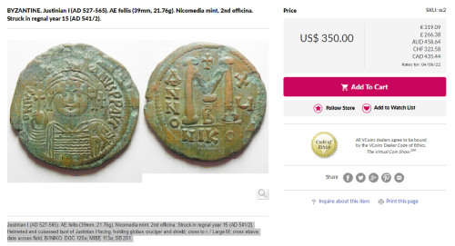 BRONZE FOLLIS OF JUSTINIAN 1 THE GREAT (EMPEROR 527-465 AD) LARGE EARLY YEAR 15 (542AD) BYZANTINE