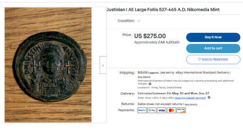 BRONZE FOLLIS OF JUSTINIAN 1 THE GREAT (EMPEROR 527-465 AD) LARGE EARLY YEAR 15 (542AD) BYZANTINE