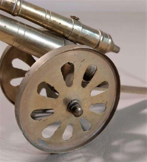 RARELY SEEN BRASS DOUBLE BARREL CANNON WITH SOLDIER ON BACK  ARTILLERY MILITARY TOY