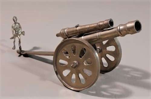 RARELY SEEN BRASS DOUBLE BARREL CANNON WITH SOLDIER ON BACK  ARTILLERY MILITARY TOY