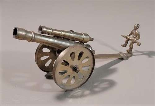 RARELY SEEN BRASS DOUBLE BARREL CANNON WITH SOLDIER ON BACK  ARTILLERY MILITARY TOY