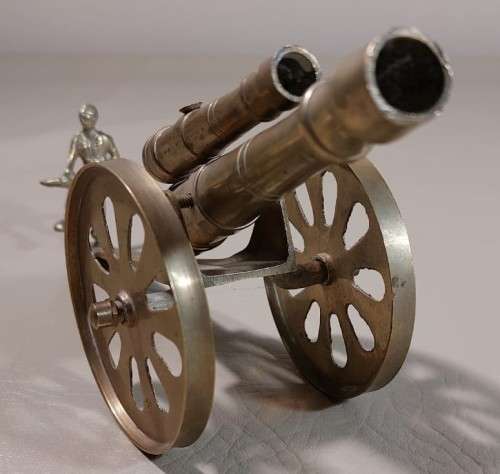 RARELY SEEN BRASS DOUBLE BARREL CANNON WITH SOLDIER ON BACK  ARTILLERY MILITARY TOY