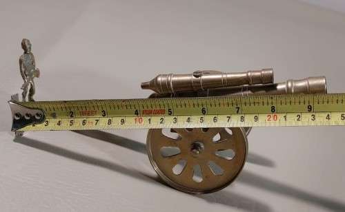 RARELY SEEN BRASS DOUBLE BARREL CANNON WITH SOLDIER ON BACK  ARTILLERY MILITARY TOY