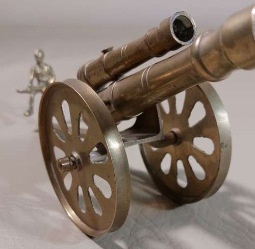 RARELY SEEN BRASS DOUBLE BARREL CANNON WITH SOLDIER ON BACK  ARTILLERY MILITARY TOY