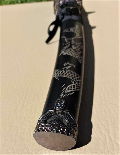 SAMURAI TANTO DAGGER/SWORD WITH DRAGON DECORATED GUARD AND SCABBARD WELL MADE 54CM LONG