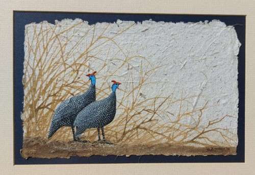 SA ARTIST DAVID CUBBIN! PAIR OF GUINEAFOWL ORIGINAL WATERCOLOUR 2006 PAINTING ON PAPER SIGNED FRAMED