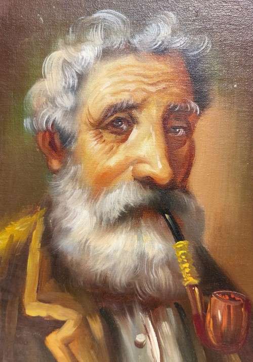 OLD MAN WITH PIPE - ORIGINAL SIGNED `BENSON` OIL ON BOARD PAINTING SIZE (34CM W 44CM H)  FRAMED