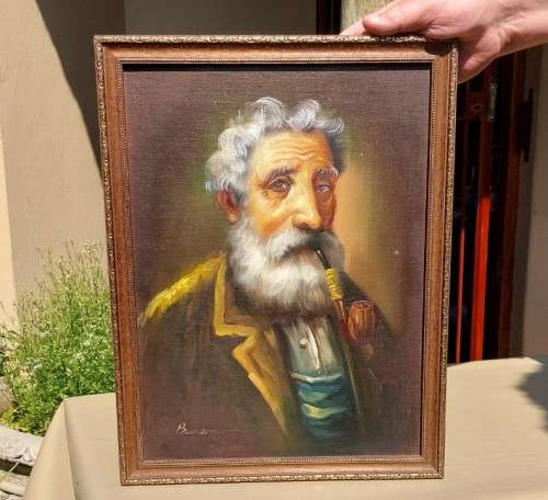 OLD MAN WITH PIPE - ORIGINAL SIGNED `BENSON` OIL ON BOARD PAINTING SIZE (34CM W 44CM H)  FRAMED