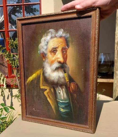 OLD MAN WITH PIPE - ORIGINAL SIGNED `BENSON` OIL ON BOARD PAINTING SIZE (34CM W 44CM H)  FRAMED